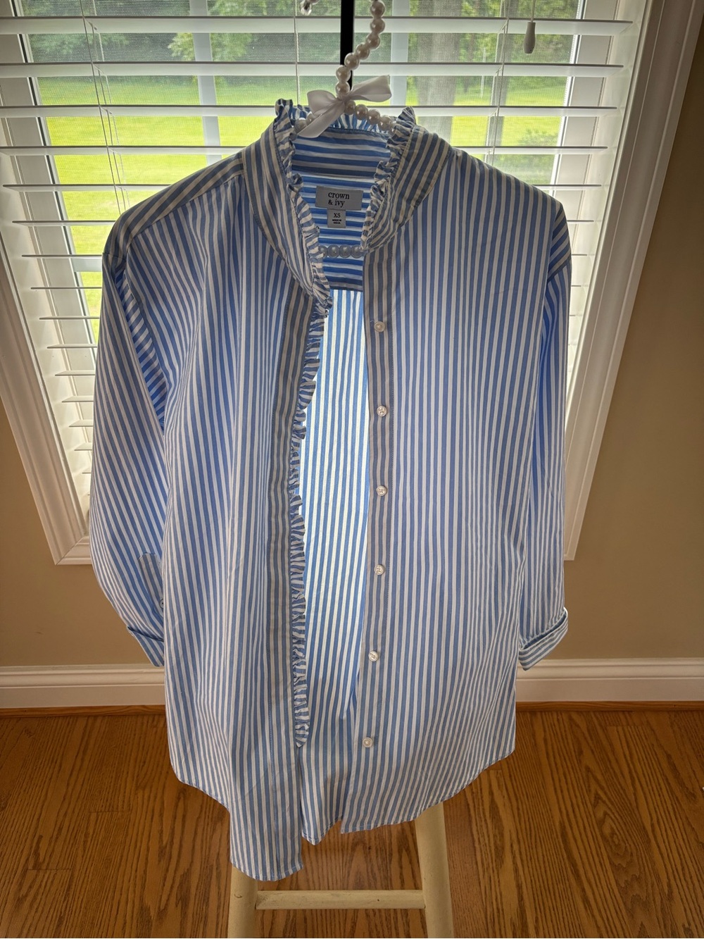 Crown & Ivy Blue and White Striped Ruffle-Trim Women’s Shirt